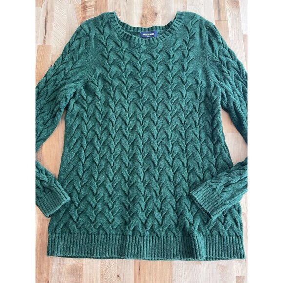 Lands' End Sweaters - Lands End Sweater Crew Neck Pullover 100% Cotton Chunky Knit Dark Green L, 14-16